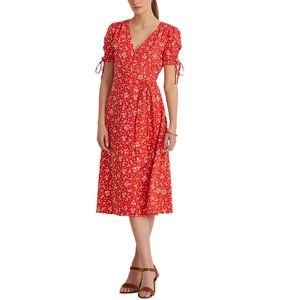 Lauren Ralph Lauren Womens Floral Smocked Shoulder Crepe Midi Dress size 12 Red